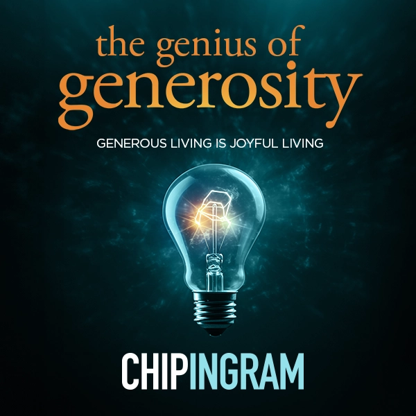 Graphic for "The Genius of Generosity" by Chip Ingram featuring a glowing lightbulb on a dark blue background.
