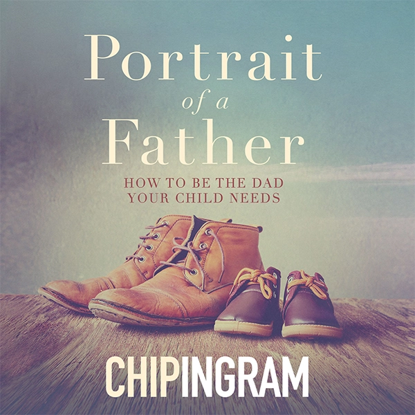 Book graphic for "Portrait of a Father" by Chip Ingram showing a pair of men's boots next to a pair of child's shoes.