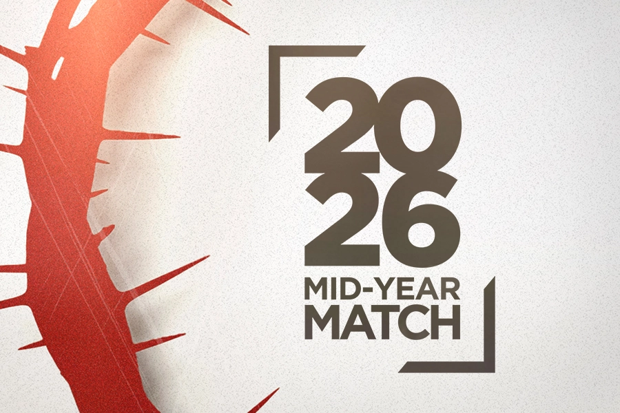 A graphic for the 2026 Mid-Year Match campaign on a textured white background, featuring a bold "2026 MID-YEAR MATCH" logo framed by bracket corners, with a large, textured red crown of thorns graphic on the left.