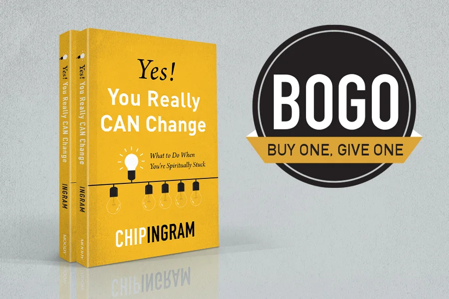 An image showing two copies of the bright yellow book "Yes! You Really CAN Change" by Chip Ingram next to a circular badge that reads "BOGO: Buy One, Give One."