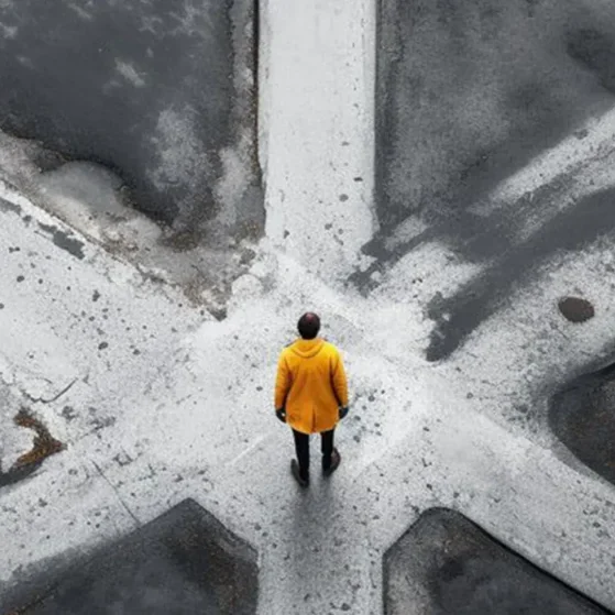 Man in yellow jacket standing in the middle of a crosswalk.