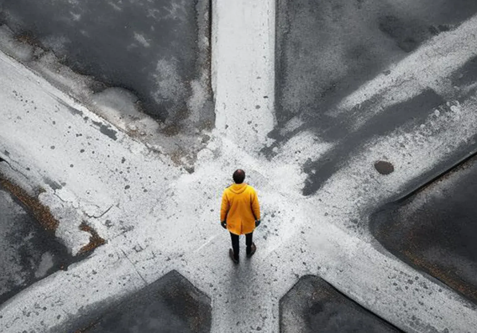 Man in yellow jacket standing in the middle of a crosswalk.